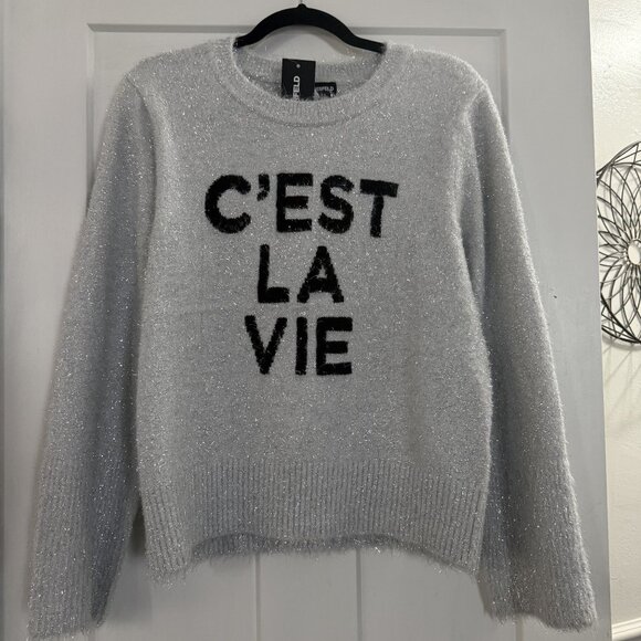 NWT Karl Lagerfeld Silver Fuzzy Gray C'est La Vie Sweater Crewneck Metallic Sz M - Picture 1 of 5